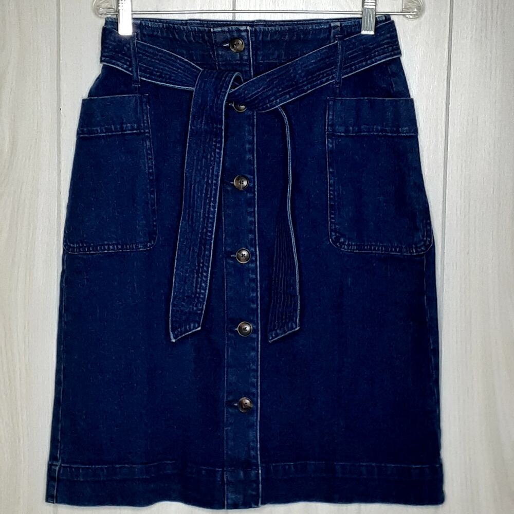 LOFT Dark Indigo Button-Front A-Line Denim Skirt with Belt